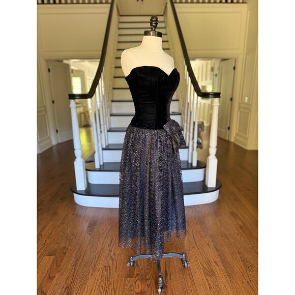 Vintage 80s Glitter Lace Prom Black Dress Velvet WhimsyGoth Celestial Punk Alt - Picture 4 of 13